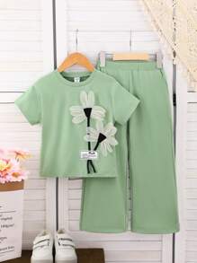 2 Stücke/Set Mädchen Sommer Strick Mode Koordination 3D Blumen Dekor, weiße Rundhals Kurzarm-Oberteile und Hose Set, Mädchen Zweiteiler Outfit grün, 2-teiliges Mädchen-Shirt Set grün, Mädchen-Set grün 5T, mintgrüne Kinderkleidung, Hose Set mit weitem Bein für Kinder