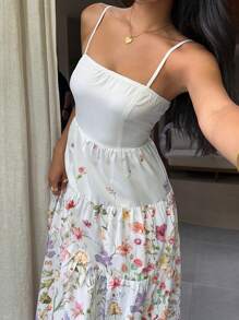 Vestido  de color albaricoque claro, con tela texturizada, top de tubo plisado, cintura ancha y holgada, con tirantes finos, estilo relajado para vacaciones. - Blanco - Ver 4