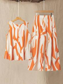 SHEIN Tall Set de 2 piezas - Top sin mangas de cuello redondo y pantalón largo de cintura elástica, diseño elegante para el diario y la playa, en color naranja, talla grande y diseño alargado - Naranja - Ver 2