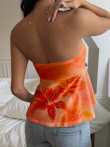 Attitoon Orange Tropical Floral Print Casual Vacation Style, Sexy, Cute Y2K Coconut Girl Boho Vacation Beach Outfits For Women, Springbreak, Brunch-Ready Babyblue, Girls Trip Butter Yellow Neon Beach Vibes, Bohemian Hippie Music Festival Summer Top For Women