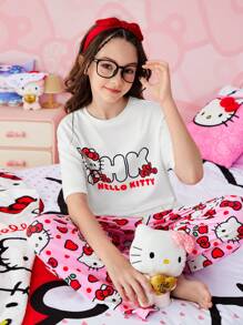 HELLO KITTY AND FRIENDS | SHEIN 少女卡通白色休闲百搭短袖上衣和粉色可爱甜美裤子两件套睡衣套装 - 粉色 - 查看 3