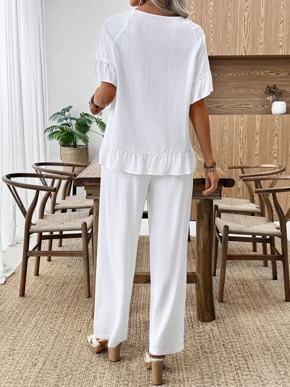 Women Solid Color Crew Neck Ruffle Summer Casual Fashion Top And Pants Set
