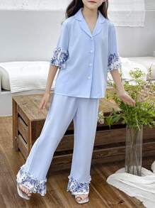 2pcs Tween Girls Casual Minimalist Printed Ruffle Collar Top And Pants Comfy Lounge Pajama Set - Baby Blue - View 1