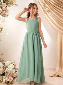 少女法式腰带 A 字裙，派对婚礼优雅花童伴娘度假连衣裙 - 綠色 - 查看 4