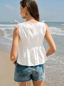 Maija 女式 V 领复古宽松褶边肩带无袖上衣，性感时尚海滩度假夏威夷休闲吊带背心 - 白色 - 查看 4