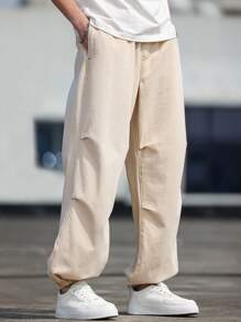Claim Dot 男式褶皱口袋松紧腰宽松牛仔裤 - 薑色 - 查看 6
