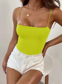 GENKIRA Bộ đồ liền thân thường ngày màu xanh neon có dây đeo mảnh dành cho nữ - Màu vàng - Xem 5