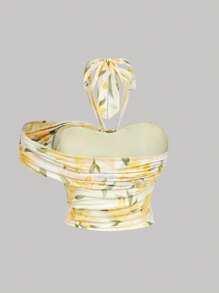 SHEIN MOD 大码女式春夏露肩斜肩花卉印花上衣 T 恤，优雅、正式、约会、派对、日常、浪漫 - 黃色 - 查看 9