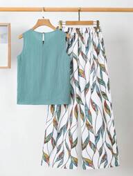 SHEIN Clasi Elegant Women's Solid Color Texture Pleated Blouse And Flower Wide Leg Pants Set