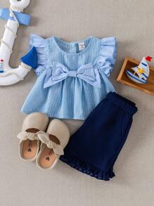 PrepCrw Toddler Girls Preppy Style Bow Decor Blue Stripe T-Shirt & Shorts 2pcs Set,Navy Blue,Summer,Cute,Vacation,Holiday School Uniform Outfits - Blue and White - View 5