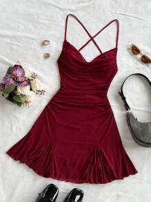 Soleia 女士度假细肩带迷你连衣裙，垂坠领口，露背，蝴蝶结，鱼尾，优雅，女士迷你连衣裙，及膝，散步，浪漫，约会，沙滩装，网眼，年轻，少女