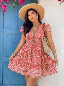 SHEIN VCAY Plus Size Summer Women Blue Floral Print V-Neck Short Sleeve Belted A-Line Dress, Boho Casual Western Music Festival Island Beach Dress