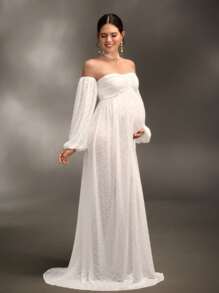 SHEIN 孕妇露肩灯笼袖连衣裙，适合洗礼、摄影、派对 - 白色 - 查看 4