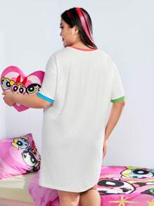 THE POWERPUFF GIRLS X SHEIN Plus Size Loose Nightgown Featuring Spring Summer Street Cowboy Music Festival Sweet Spicy Y2K 90s Retro Boho Vacation White Cartoon Blossom Bubbles Buttercup Graffiti Comics Star Printed Pattern, Moo Moo Night Dress - White - View 2