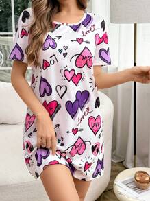 All-Over Heart & Letter Print Round Neck Short Sleeve Nightgown - Multicolor - View 4