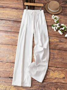 SHEIN Tall 大码女式梭织纯色口袋直筒优雅浪漫裤 - 白色 - 查看 4