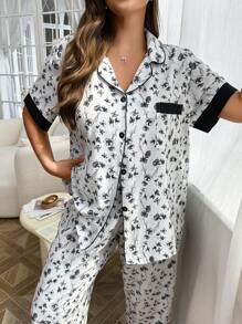 SHEIN Plus Size Women Floral Print Contrast Color Pocket Shirt And Pants Pajama Set