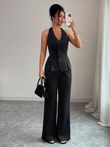 Elenzga 1 Set Women's V-Neck Striped Halter Top & Flare Leg Casual Pants, Elegant Outfit - Black - View 6