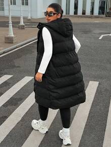 SHEIN EZwear Plus Size Long Hooded Black Winter Vest Jacket - Black - View 2