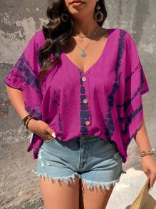 SHEIN LUNE 大码扎染 V 领蝙蝠袖休闲度假衬衫 女士夏季服装 夏季服装 女士服装 女士上衣 优雅女士夏季衬衫 女士加大码服装 女士正式加大码服装 女士商务休闲上衣 女士衬衫 优雅女士衬衫