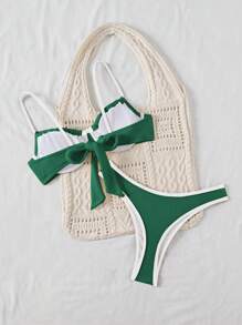 Swim Chiccia 女士时尚撞色绑带前比基尼套装，夏季海滩度假泳衣 - 墨綠色 - 查看 2