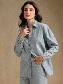 Anewsta Camisa vaquera con aplicaciones de piedras para mujeres, versátil y casual, elegante y de estilo business casual