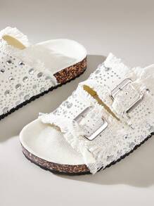 Solecia Women's Round Toe Rhinestone Fringed Fashion Daily Casual Sandals - Beige - View 4