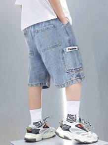 SHEIN Young Boy Summer Retro Casual Patch Loose Fit Baggy Blue Denim Shorts With Side Pocket For Kids Clothes Boys Costume Dailywear And Kids Four Seasons Clothes