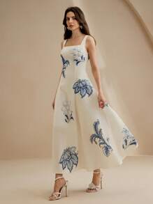 Anewsta Petite 女士优雅印花 A 字连衣裙，3D 立体花朵装饰，休闲日常穿着，适合日常、度假、海滩等场合。 - 藍色 - 查看 4