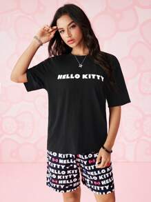 HELLO KITTY AND FRIENDS | SHEIN 1 件休闲卡通字母印花落肩宽松短袖 T 恤，男女通用 - 黑色 - 查看 6