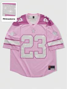 ROMWE MEN Prep Men's Casual Short Sleeve T-Shirt With Numeric Pattern And Ice Hockey Rhinestone Effect - Pink - View 4