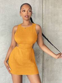 SHEIN SXY Women Solid Color Waist Cutout Round Neck Sleeveless Mini Dress Summer Dresses For Women - Yellow - View 3