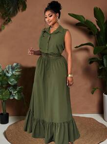 Maweii Plus Size Summer Casual Solid Color Tank Top & Extra Long Skirt 2 Pieces Set - Army Green - View 4