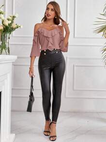 SHEIN Clasi Camisa de primavera para dama con hombros descubiertos y volantes al tono - Rosa vieja - Ver 4