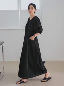 Dazy-Less Vestido midi reto vintage com cordão e decoração, roupa de escritório, casual, elegante, para viagem, de manga curta, jeans, para mulheres - Preto - Ver 2