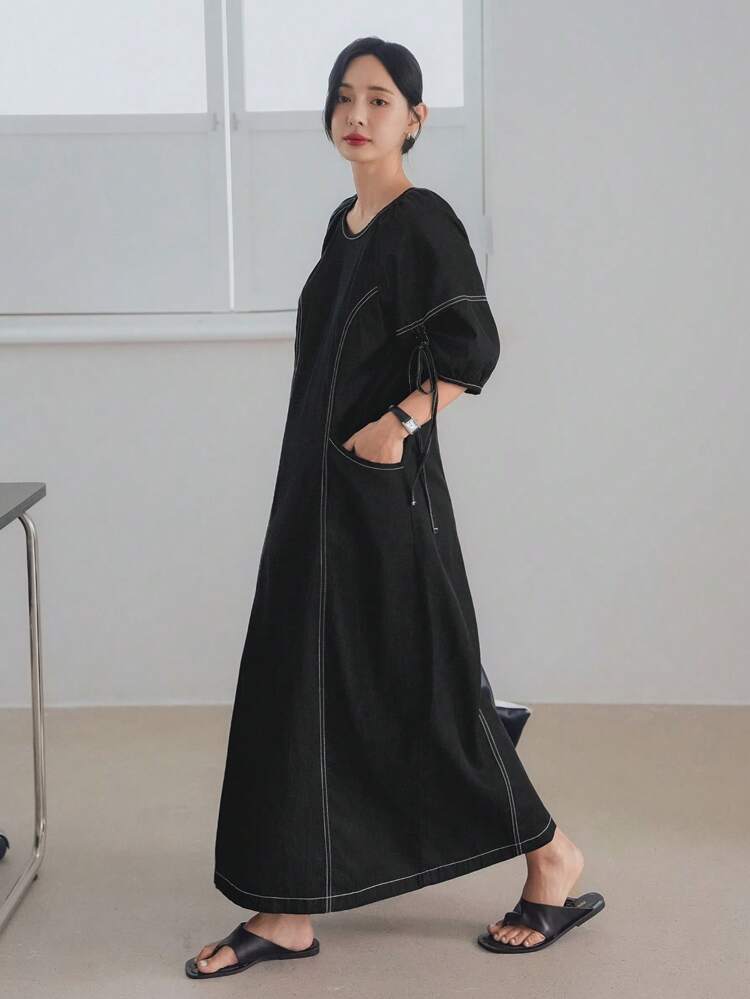Vintage Washed Drawstring Tie Decor Straight Midi Dress, Office Wear Business Casual Commute Elegant Short Sleeve Denim Dress For Women