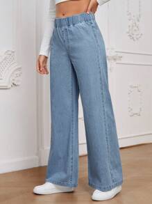 EMERY ROSE 女士休闲百搭黑色高腰阔腿宽松梭织牛仔裤，适合所有季节