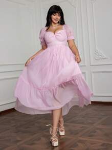 Flirla 大码女士浪漫柔软雪纺泡泡袖连衣裙，浅粉色少女风格 - 粉色 - 查看 4