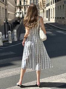 Pariaura Women's Boho Midi Dress Blue And White Backless A-Line Dress With Round Neck And Sleeveless Design - Blue - View 6