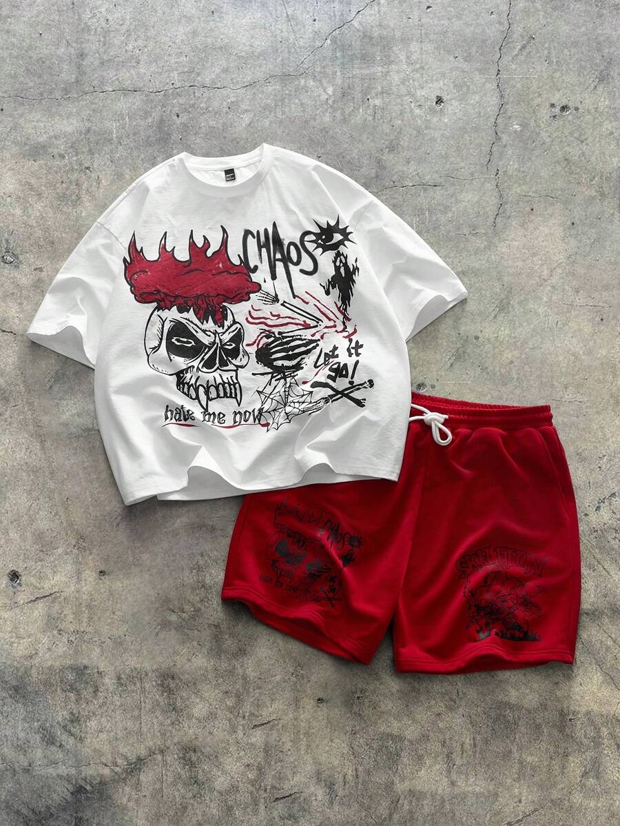 AXEPEAK 哥特式街头图案印花 T 恤和短裤 2 件套男士休闲夏季服装，多种尺码可选 - 白色 - 查看 1