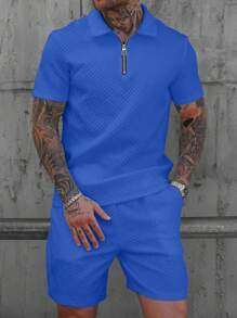 Manfinity Homme Men's Fashionable 3D Textured Casual Polo Set - Blue - View 4