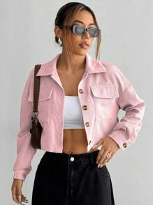 SHEIN PETITE Women's Jacket, Long Sleeve, Solid Color, Fashionable For Summer - Pink - View 1