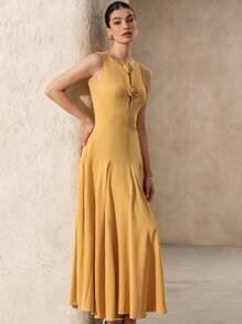 Aveloria 新款法式度假风优雅女士富贵露肩镂空3D花卉装饰收腰显瘦垂坠不对称下摆无袖长裙 - 黃色 - 查看 6