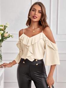 SHEIN Clasi Camisa primaveral de mujer de unicolor con hombros descubiertos y volantes - Caqui - Ver 5