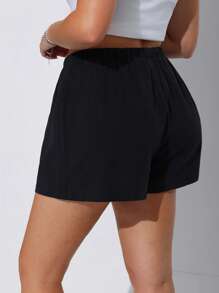 SHEIN EZwear Plus Size White Textured Tied Waist Casual Shorts, Spring/Summer - Black - View 2