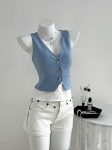 SHEIN Unity Áo khoác vest vest nữ xuân/hè cổ chữ V, màu tương phản, nhiều lớp giả, thắt eo - Nhiều màu - Xem 4