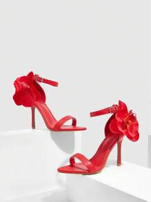 SHEIN X Belle Mariano CUCCOO SZL Women's Elegant Pointed Toe Floral High Heels, Sexy Stiletto Red Party Wedding Sandals Spring Shoes Spring Break Easter Prom Heels - Red - View 3