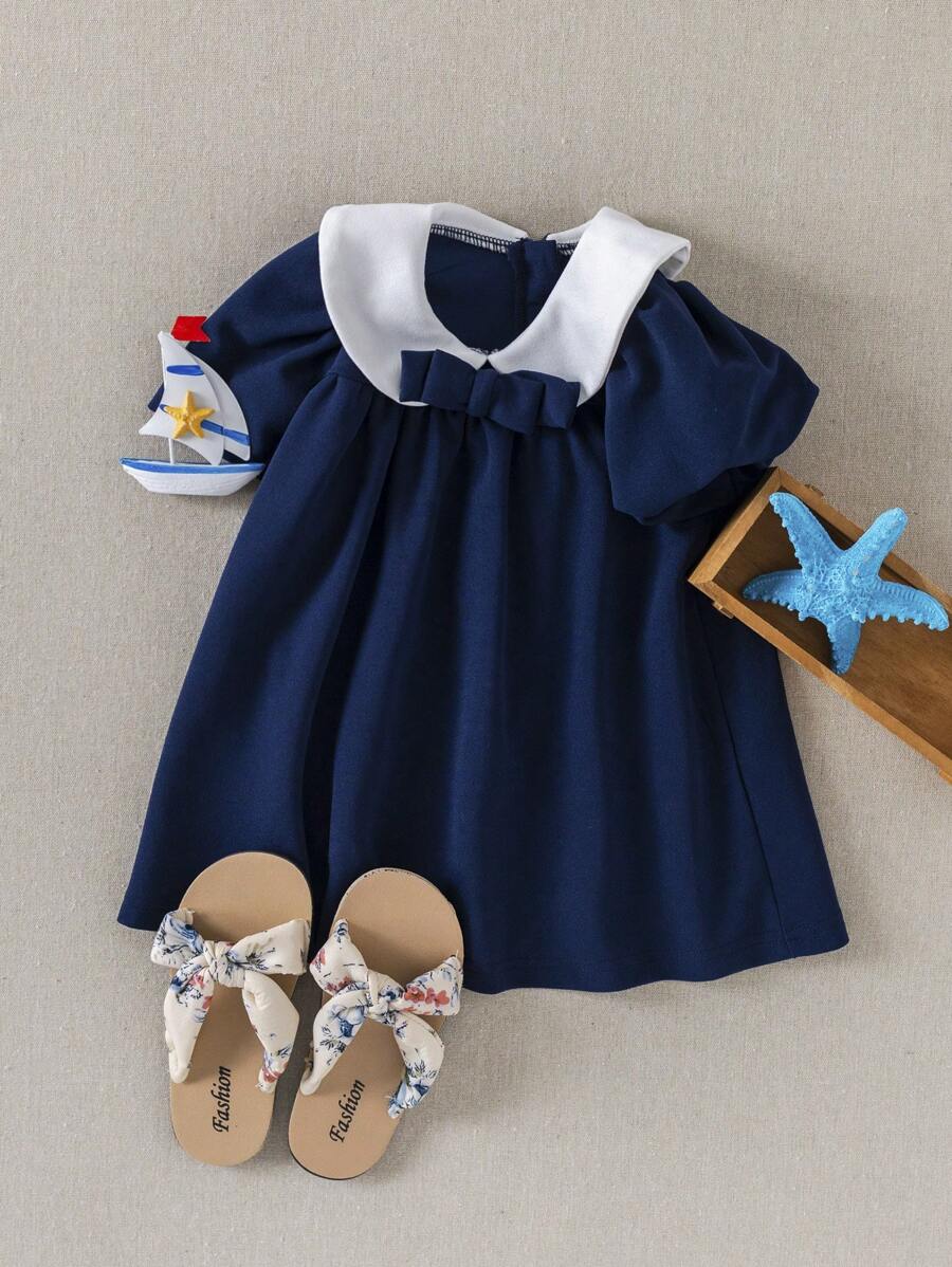 PrepCrw Baby Mädchen Kleid mit Kontrastfarbe Kragen, Puffärmeln und tailliertem Rockteil
