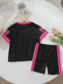 SHEIN 2pcs/Set Girls Casual Sports Style Outfit, Includes: 56 Graphic T-Shirt With "Every Day Is Memorable" Slogan Print And Contrast Color Block Sleeves, Matching Cycling Shorts, Suitable For Summer, Sports, Fitness, Shopping, And Social Activities
