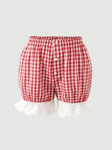 少女复古红白格子蕾丝花边荷叶边休闲短裤，夏季 - 紅色 - 查看 1
